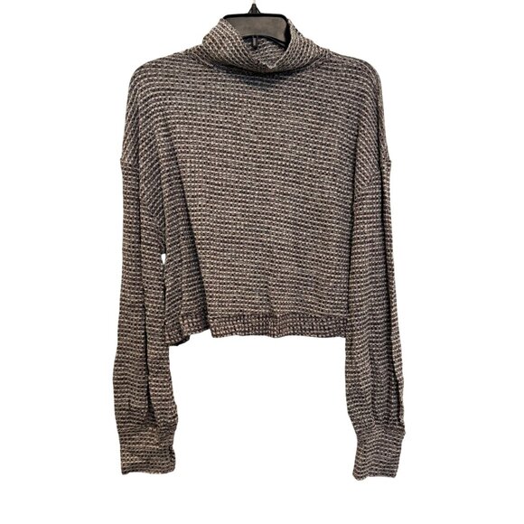 Free People Waffle Knit Cropped Sweater Womens Large Beige/Burgundy Long Sleeve - Picture 2 of 6